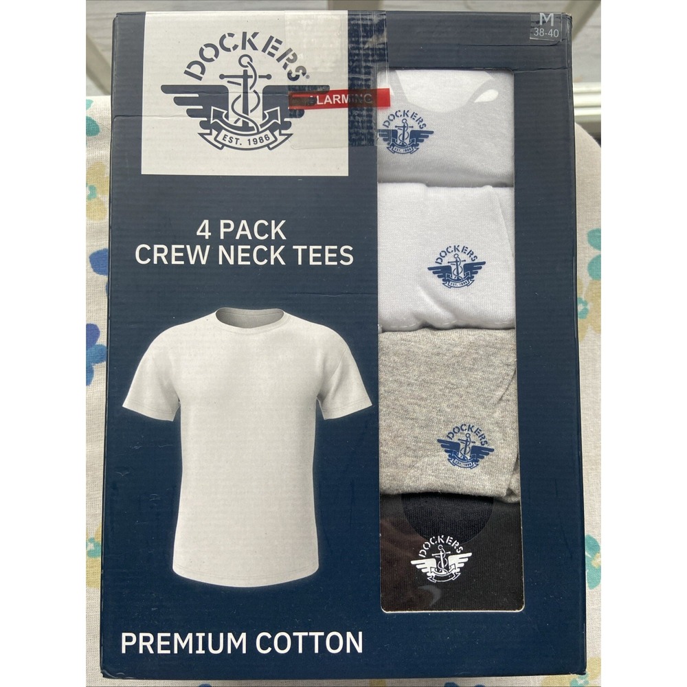 Dockers Mens Size M 38-40 White Gray Black Premium Cotton Crew Neck T-Shirts 4Pk